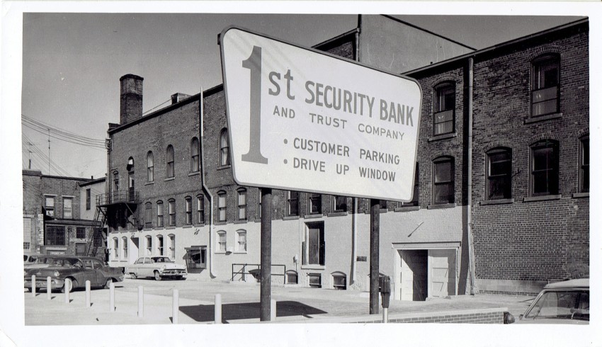 Historic image of First Security sign.